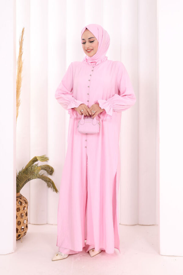 Hac  Umre Takım Önü Düğmeli Tunik,Pantolon  ŞAL  HEDİYE  8014 Pembe - 4