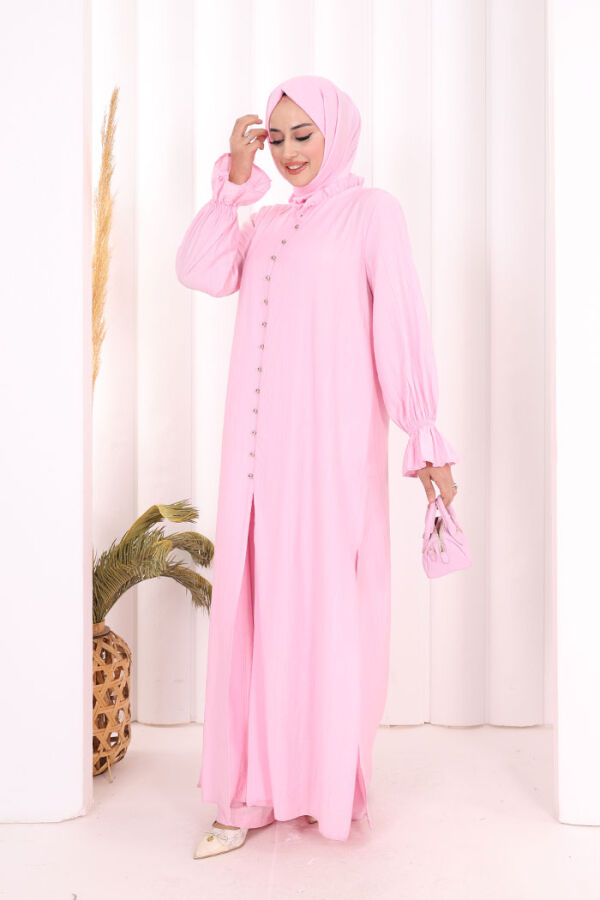 Hac  Umre Takım Önü Düğmeli Tunik,Pantolon  ŞAL  HEDİYE  8014 Pembe - 5