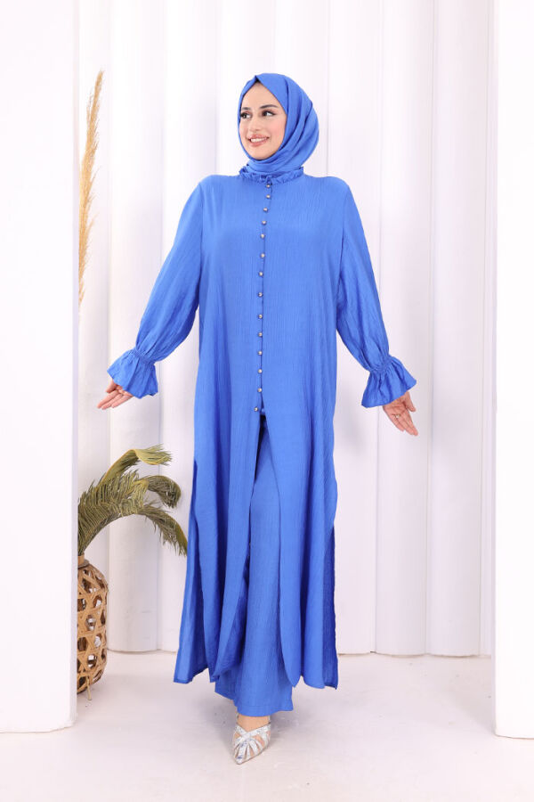 Hac  Umre Takım Önü Düğmeli Tunik,Pantolon  ŞAL  HEDİYE  8014 Saks - 1