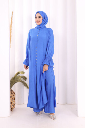 Hac  Umre Takım Önü Düğmeli Tunik,Pantolon  ŞAL  HEDİYE  8014 Saks - 2