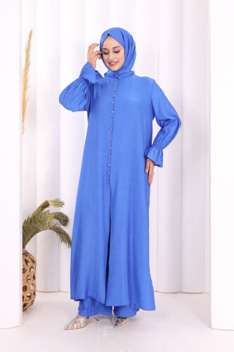 Hac  Umre Takım Önü Düğmeli Tunik,Pantolon  ŞAL  HEDİYE  8014 Saks - 3