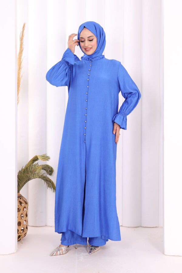 Hac  Umre Takım Önü Düğmeli Tunik,Pantolon  ŞAL  HEDİYE  8014 Saks - 3