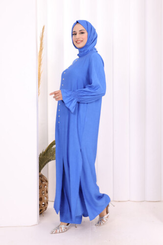 Hac  Umre Takım Önü Düğmeli Tunik,Pantolon  ŞAL  HEDİYE  8014 Saks - 4