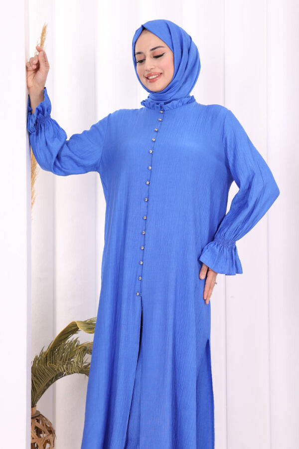 Hac  Umre Takım Önü Düğmeli Tunik,Pantolon  ŞAL  HEDİYE  8014 Saks - 6