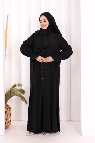 Hac  Umre Takım Önü Düğmeli Tunik,Pantolon  ŞAL  HEDİYE  8014 Siyah - 2