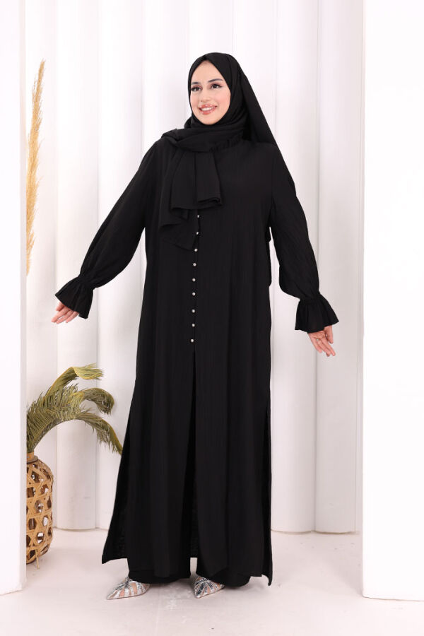 Hac  Umre Takım Önü Düğmeli Tunik,Pantolon  ŞAL  HEDİYE  8014 Siyah - 3