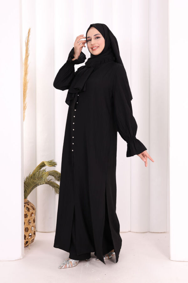 Hac  Umre Takım Önü Düğmeli Tunik,Pantolon  ŞAL  HEDİYE  8014 Siyah - 4