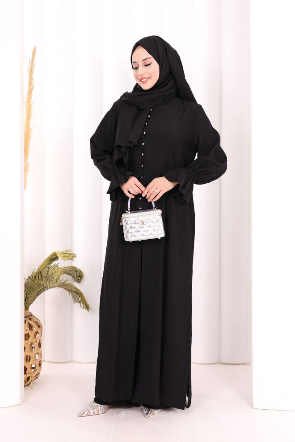 Hac  Umre Takım Önü Düğmeli Tunik,Pantolon  ŞAL  HEDİYE  8014 Siyah - 5