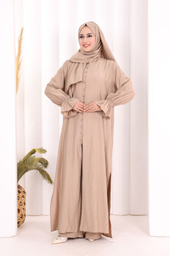 Hac  Umre Takım Önü Düğmeli Tunik,Pantolon  ŞAL  HEDİYE  8014 Vizon 