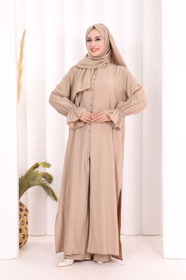 Hac  Umre Takım Önü Düğmeli Tunik,Pantolon  ŞAL  HEDİYE  8014 Vizon - 1