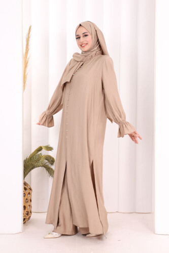 Hac  Umre Takım Önü Düğmeli Tunik,Pantolon  ŞAL  HEDİYE  8014 Vizon - 2