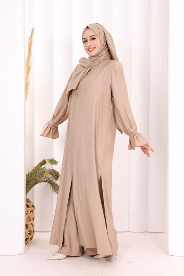 Hac  Umre Takım Önü Düğmeli Tunik,Pantolon  ŞAL  HEDİYE  8014 Vizon - 2