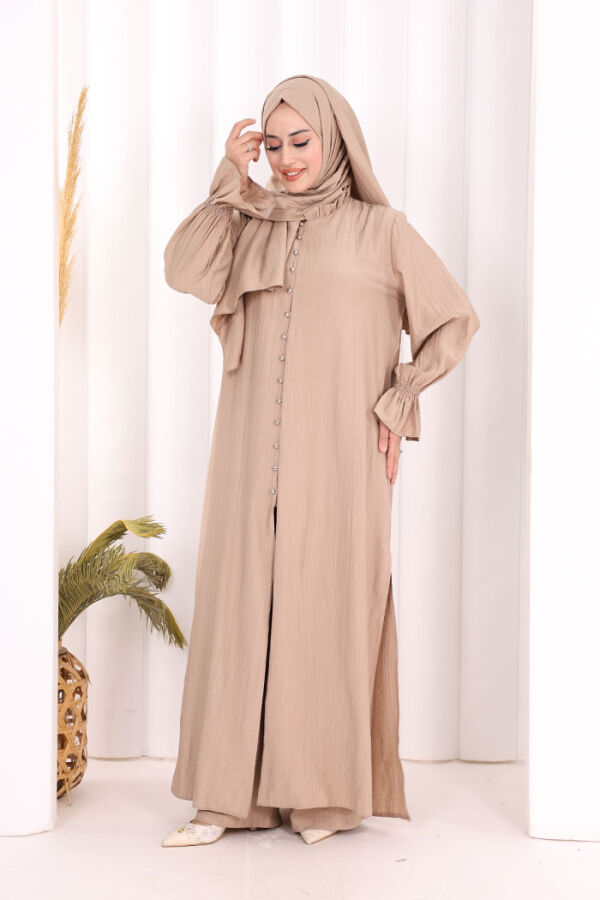 Hac  Umre Takım Önü Düğmeli Tunik,Pantolon  ŞAL  HEDİYE  8014 Vizon - 3