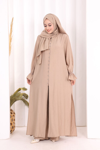 Hac  Umre Takım Önü Düğmeli Tunik,Pantolon  ŞAL  HEDİYE  8014 Vizon - 4