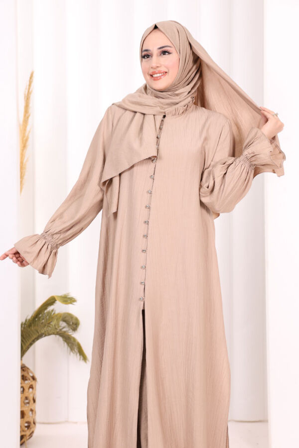 Hac  Umre Takım Önü Düğmeli Tunik,Pantolon  ŞAL  HEDİYE  8014 Vizon - 6