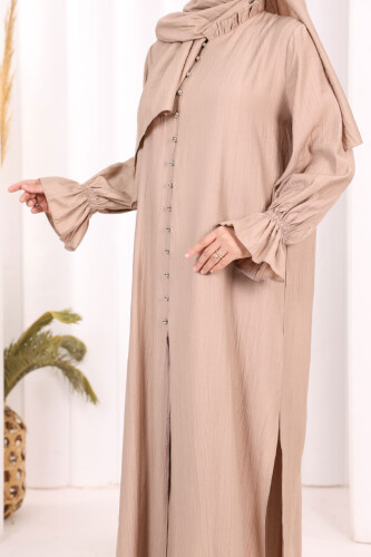 Hac  Umre Takım Önü Düğmeli Tunik,Pantolon  ŞAL  HEDİYE  8014 Vizon - 7