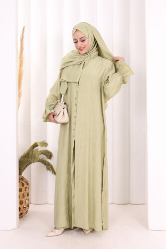 Hac  Umre Takım Önü Düğmeli Tunik,Pantolon  ŞAL  HEDİYE  8014 Yağ Yeşili