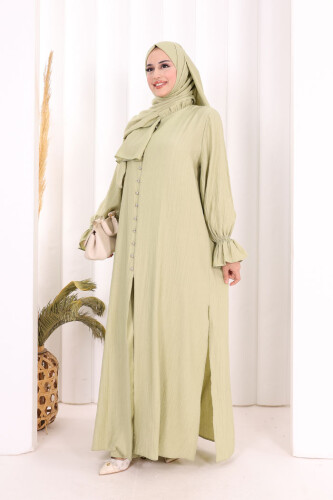 Hac  Umre Takım Önü Düğmeli Tunik,Pantolon  ŞAL  HEDİYE  8014 Yağ Yeşili - 3