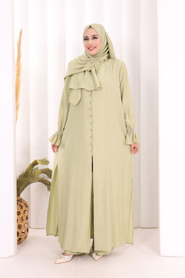 Hac  Umre Takım Önü Düğmeli Tunik,Pantolon  ŞAL  HEDİYE  8014 Yağ Yeşili - 4