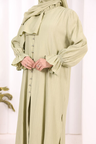 Hac  Umre Takım Önü Düğmeli Tunik,Pantolon  ŞAL  HEDİYE  8014 Yağ Yeşili - 8