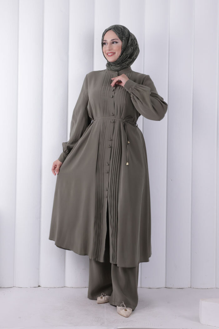 Önü Piliseli Düğmeli Takım 8701 Haki - 5