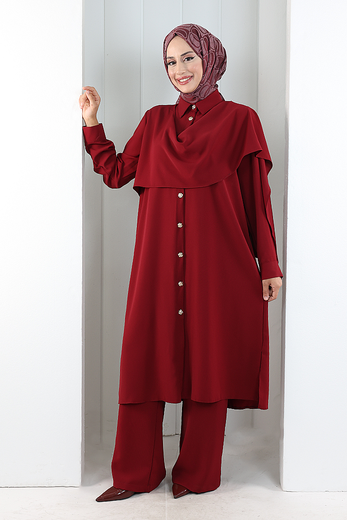 Önü Şal Detaylı Tunik Pantolon Takım 8018 Bordo - 1