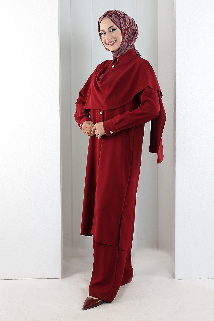 Önü Şal Detaylı Tunik Pantolon Takım 8018 Bordo - 2
