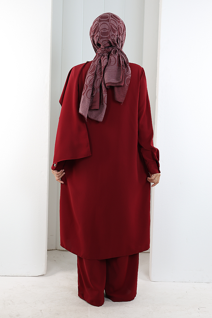 Önü Şal Detaylı Tunik Pantolon Takım 8018 Bordo - 3
