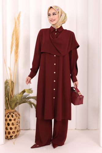 Önü Şal Detaylı Tunik Pantolon Takım 8018 Bordo