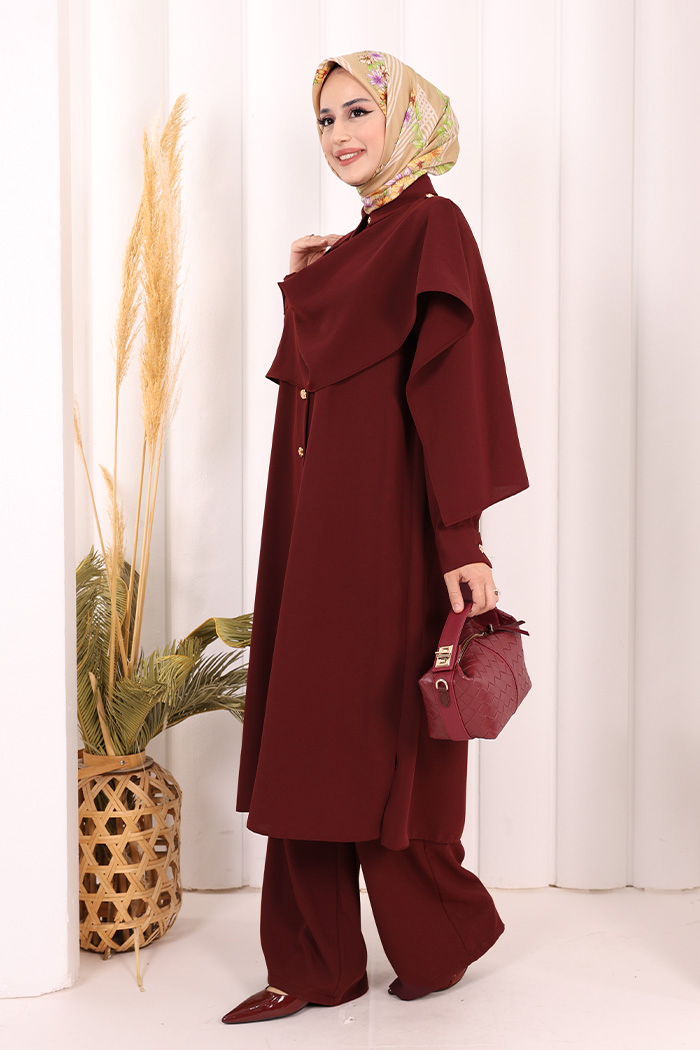 Önü Şal Detaylı Tunik Pantolon Takım 8018 Bordo - 2