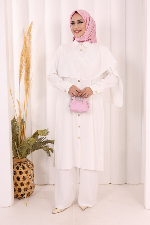 Önü Şal Detaylı Tunik Pantolon Takım 8018 Ekru - 1