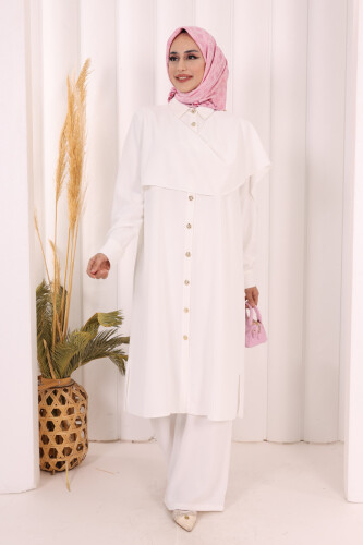 Önü Şal Detaylı Tunik Pantolon Takım 8018 Ekru - 3