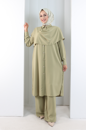 Önü Şal Detaylı Tunik Pantolon Takım 8018 Haki
