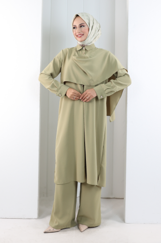 Önü Şal Detaylı Tunik Pantolon Takım 8018 Haki - 2