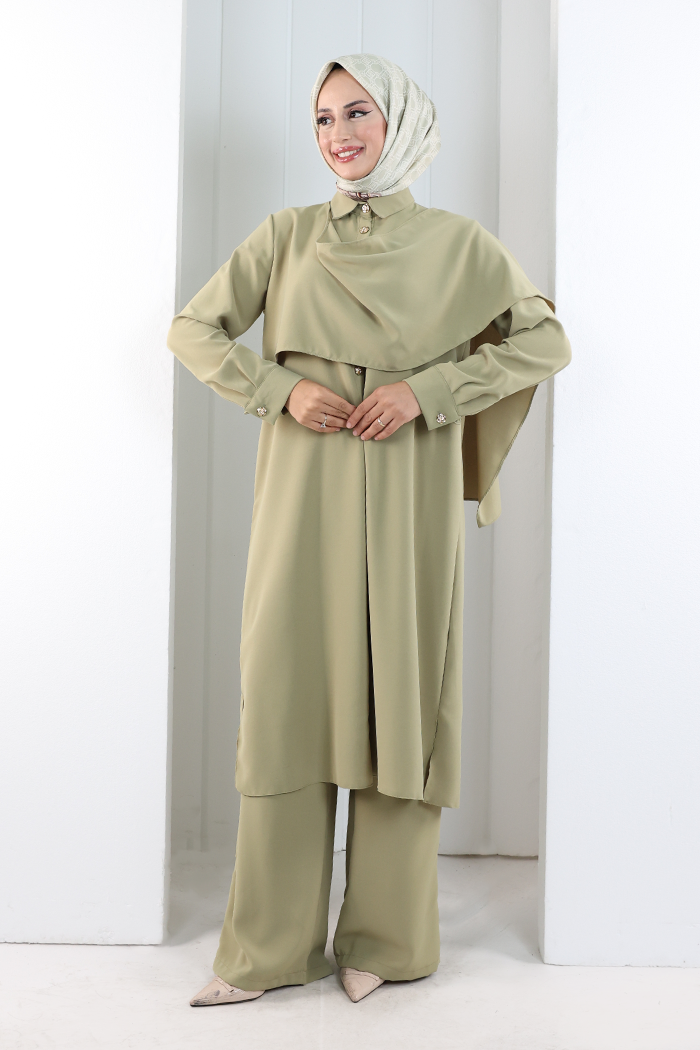 Önü Şal Detaylı Tunik Pantolon Takım 8018 Haki - 2