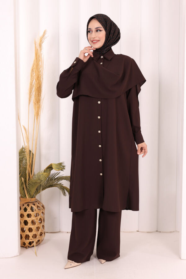 Önü Şal Detaylı Tunik Pantolon Takım 8018 Kahverengi - 1