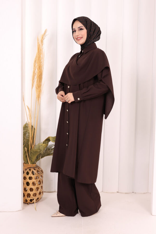 Önü Şal Detaylı Tunik Pantolon Takım 8018 Kahverengi - 2