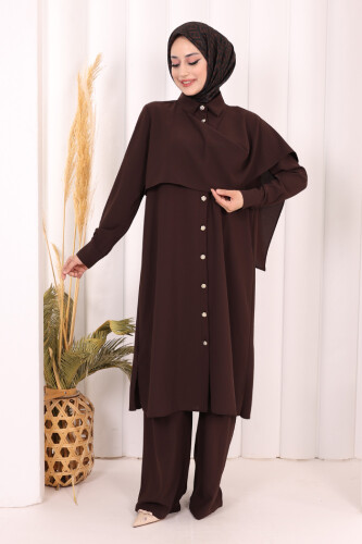Önü Şal Detaylı Tunik Pantolon Takım 8018 Kahverengi - 3