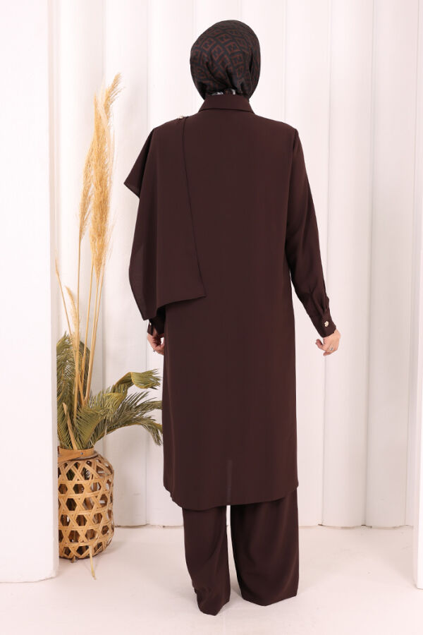 Önü Şal Detaylı Tunik Pantolon Takım 8018 Kahverengi - 4
