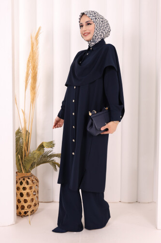 Önü Şal Detaylı Tunik Pantolon Takım 8018 Lacivert - 3