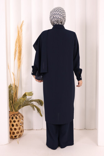 Önü Şal Detaylı Tunik Pantolon Takım 8018 Lacivert - 5