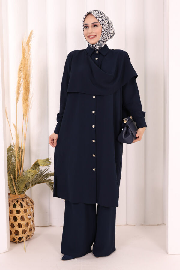 Önü Şal Detaylı Tunik Pantolon Takım 8018 Lacivert - 1