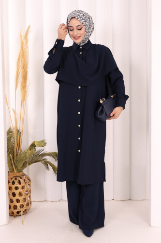 Önü Şal Detaylı Tunik Pantolon Takım 8018 Lacivert - 2