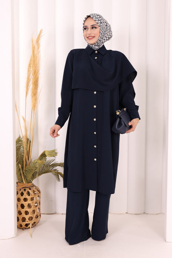 Önü Şal Detaylı Tunik Pantolon Takım 8018 Lacivert - 4