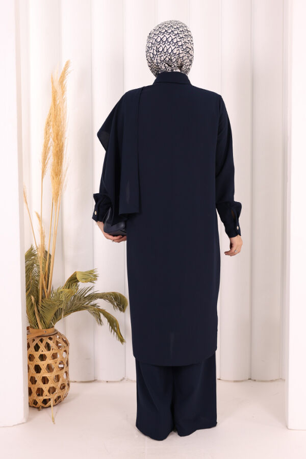Önü Şal Detaylı Tunik Pantolon Takım 8018 Lacivert - 5