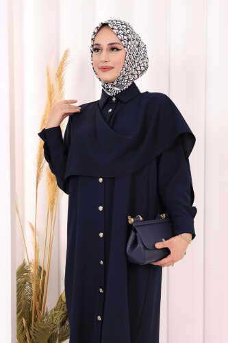 Önü Şal Detaylı Tunik Pantolon Takım 8018 Lacivert - 6