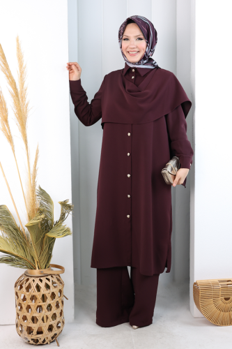 Önü Şal Detaylı Tunik Pantolon Takım 8018 Mürdüm