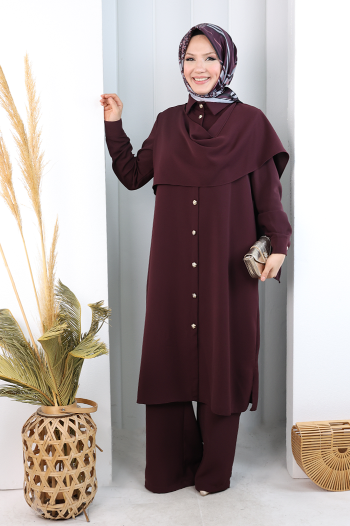 Önü Şal Detaylı Tunik Pantolon Takım 8018 Mürdüm - 1