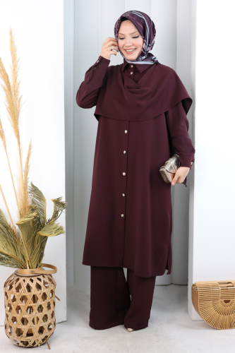 Önü Şal Detaylı Tunik Pantolon Takım 8018 Mürdüm - 2