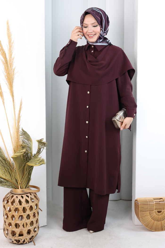 Önü Şal Detaylı Tunik Pantolon Takım 8018 Mürdüm - 2